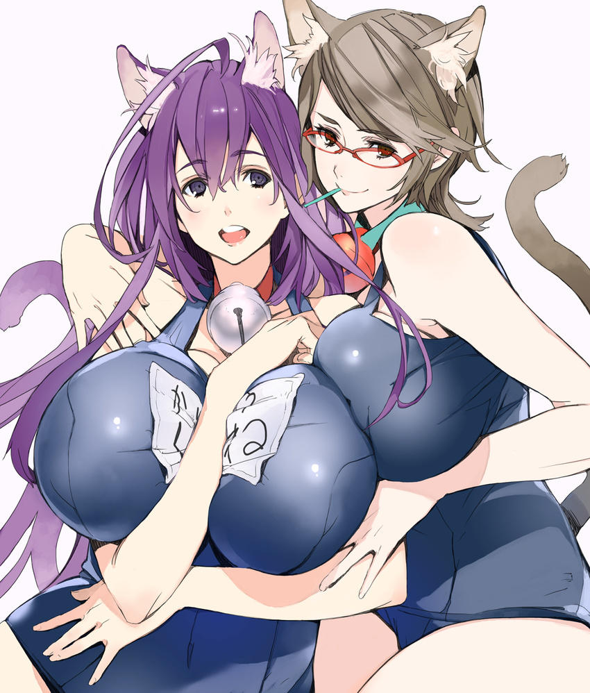 :d ahoge animal_ears arm_around_neck arm_grab asobi_ni_iku_yo! asymmetrical_docking bangs bell bell_collar between_breasts blue_swimsuit blush breast_press breasts cat_ears cat_tail collar covered_navel cowboy_shot curvy durel glasses grey_eyes grey_hair hair_between_eyes hand_between_breasts hand_on_another's_shoulder hand_on_hip highres houden_eizou hug huge_breasts jingle_bell kuune light_smile long_hair mouth_hold multiple_girls name_tag official_art one-piece_swimsuit open_mouth purple_eyes purple_hair red-framed_eyewear school_swimsuit short_hair sideboob simple_background smile swept_bangs swimsuit tail thighs very_long_hair white_background