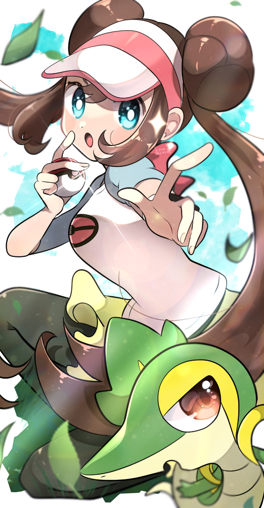 1girl :o absurdres aqua_eyes black_pantyhose breasts bright_pupils brown_hair commentary_request double_bun doughnut_hair_bun falling_leaves hair_bun highres holding holding_poke_ball index_finger_raised kurumiya_(krmy_p) leaf legwear_under_shorts open_mouth pantyhose poke_ball poke_ball_(basic) pokemon pokemon_(creature) pokemon_(game) pokemon_bw2 raglan_sleeves rosa_(pokemon) shorts snivy sparkle twintails visor_cap white_pupils yellow_shorts