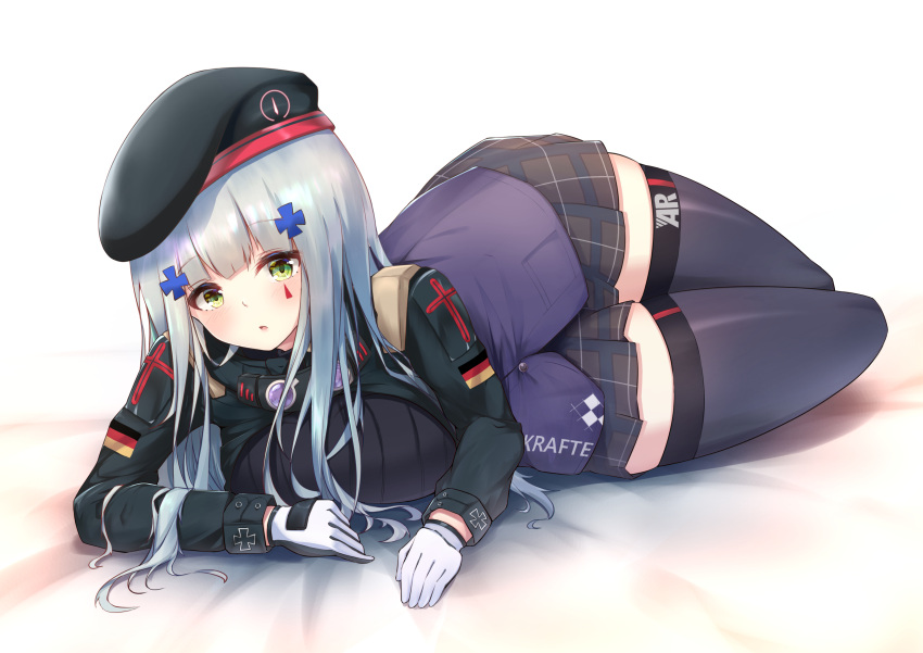1girl :o absurdres aratake bangs beret black_thighhighs blue_hair blush breasts commentary full_body german_flag girls'_frontline gloves green_eyes hair_ornament hairclip hand_on_floor hat highres hk416_(girls'_frontline) light_blue_hair long_hair long_sleeves looking_at_viewer medium_breasts on_floor open_mouth plaid plaid_skirt simple_background skirt solo tactical_clothes teardrop_facial_mark teardrop_tattoo thighhighs thighs white_gloves