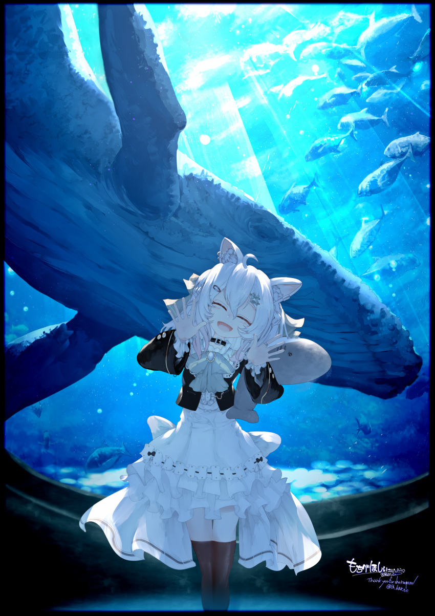 1girl :d ahoge animal_ear_fluff animal_ears aquarium back_bow black_border black_choker black_thighhighs black_vest blush border bow bowtie brooch buckle cat_ears choker closed_eyes commentary commission dress earrings facing_viewer feet_out_of_frame fish frilled_dress frills gradient_hair grey_bow grey_bowtie hair_between_eyes hair_ornament hairclip hands_up highres jewelry layered_sleeves light_rays long_sleeves medium_hair multicolored_hair open_mouth original pink_hair signature skeb_commission smile solo thighhighs vest waving whale white_bow white_dress white_hair yoshioka_yoshiko