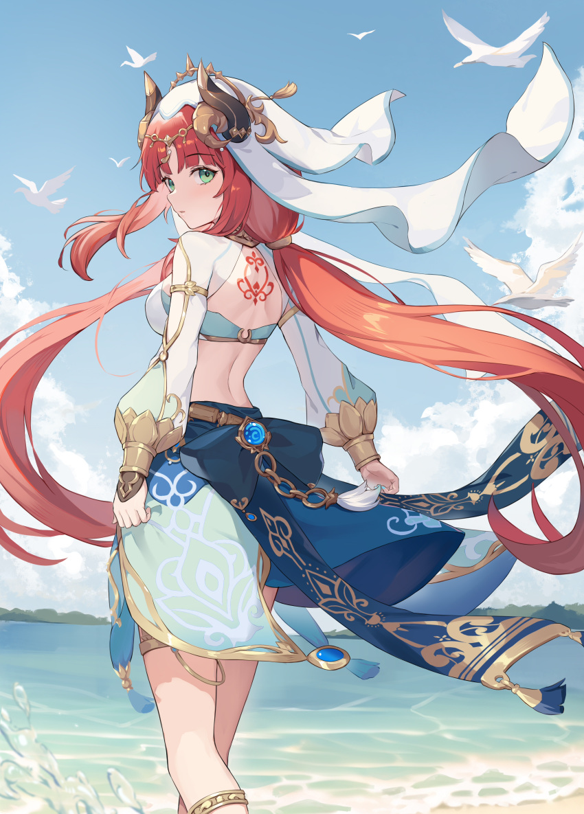 1girl absurdres aqua_eyes back back_tattoo bangs bird blue_skirt blue_sky breasts circlet cloud crop_top day feet_out_of_frame genshin_impact harem_outfit highres hokori_sakuni horns long_hair long_sleeves looking_at_viewer looking_back low_twintails median_furrow medium_breasts nilou_(genshin_impact) ocean outdoors parted_bangs parted_lips puffy_long_sleeves puffy_sleeves red_hair skirt sky solo standing tattoo thighlet twintails veil very_long_hair vision_(genshin_impact) water