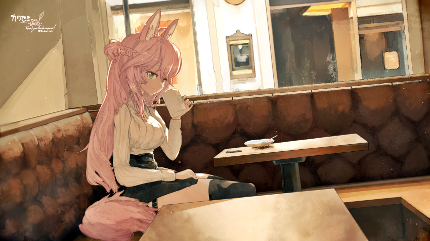 1girl ahoge animal_ear_fluff animal_ears black_skirt black_thighhighs braid cafe closed_mouth commentary commission cup fox_ears fox_tail green_eyes hair_between_eyes highres holding holding_cup indoors long_hair long_sleeves looking_at_viewer mug original over-kneehighs pink_hair saucer signature sitting skeb_commission skirt smile solo split_mouth spoon sweater table tail thighhighs white_sweater window yoshioka_yoshiko