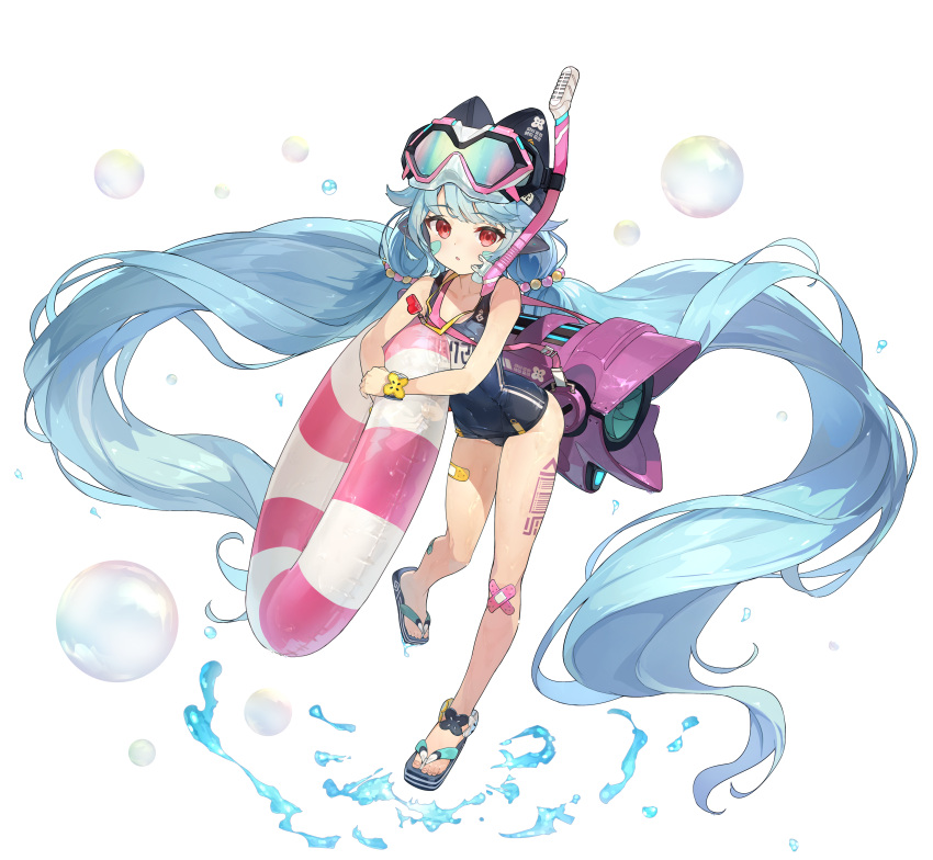 1girl absurdres android bandaid barcode blue_hair breathing_tube bubble diving_mask diving_mask_on_head facial_tattoo flat_chest game_cg goggles goggles_on_head guardian_tales highres holding holding_innertube horns horns_through_headwear innertube little_android_aa72 long_hair looking_at_viewer official_art old_school_swimsuit red_eyes robot_ears robot_girl school_swimsuit slippers snorkel splashing striped_innertube swim_cap swimsuit tattoo twintails very_long_hair water whistle whistle_around_neck wristband yogurt_bakudan