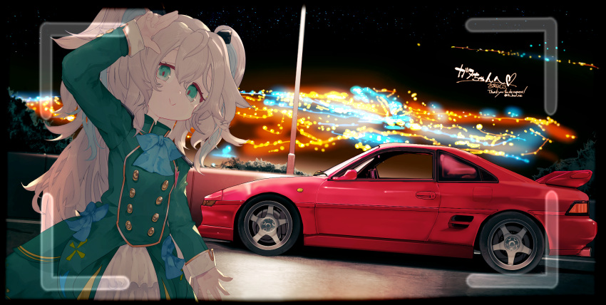 1girl arm_up blue_bow blue_bowtie blue_hair blush bow bowtie buttons car closed_mouth commentary commission cowboy_shot dress green_dress green_eyes ground_vehicle hair_between_eyes highres long_hair long_sleeves looking_at_viewer motor_vehicle multicolored_hair night night_sky original salute signature skeb_commission sky sleeve_cuffs smile solo star_(sky) streaked_hair toyota_mr2 two-finger_salute very_long_hair viewfinder white_hair yoshioka_yoshiko