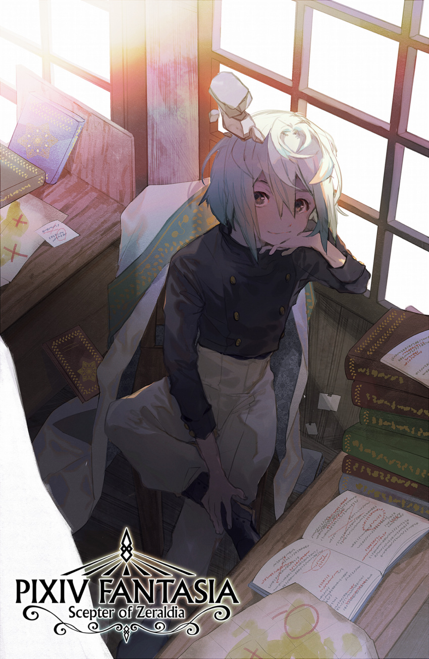 1boy black_footwear black_shirt book book_stack brown_eyes copyright_name desk ennet_(pixiv_soz) hair_between_eyes hatutaro highres indoors light_smile male_focus map open_book pixiv_fantasia_scepter_of_zeraldia shirt short_hair sitting sunlight white_hair window