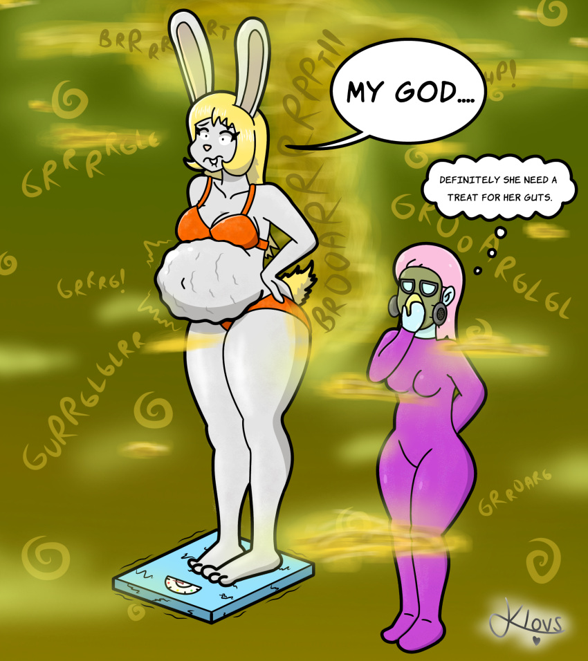 absurd_res anthro big_breasts bloated blonde_hair blue_eyes breasts clothing duo embarrassed fart fart_cloud fart_fetish female fur gas gas_mask grey_body grey_fur hair hi_res klovs lagomorph leporid mammal mask rabbit slime text underwear upset_stomach