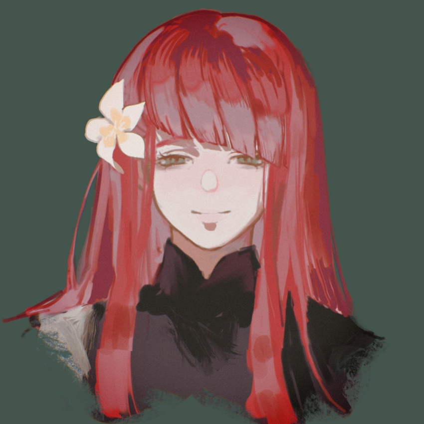 1girl bangs diagonal_bangs eyebrows_hidden_by_hair flower green_background green_eyes hair_flower hair_ornament highres kojimarie light_smile long_hair looking_at_viewer nier_(series) nier_automata popola portrait red_hair simple_background solo straight_hair