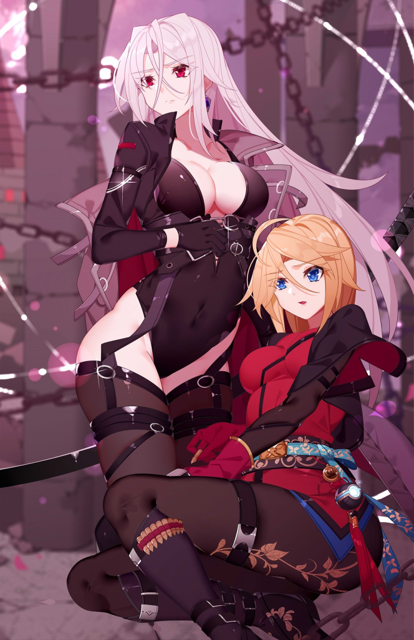 2girls black_gloves blonde_hair blue_eyes brown_pantyhose chain cleavage_cutout clothing_cutout dungeon_and_fighter female_gunner_(dungeon_and_fighter) female_ranger_(dungeon_and_fighter) female_slayer_(dungeon_and_fighter) glint gloves highres long_hair long_sleeves multiple_girls nami_qi pantyhose parted_lips pillar red_eyes revealing_clothes sitting spectre_(dungeon_and_fighter) upper_body white_hair