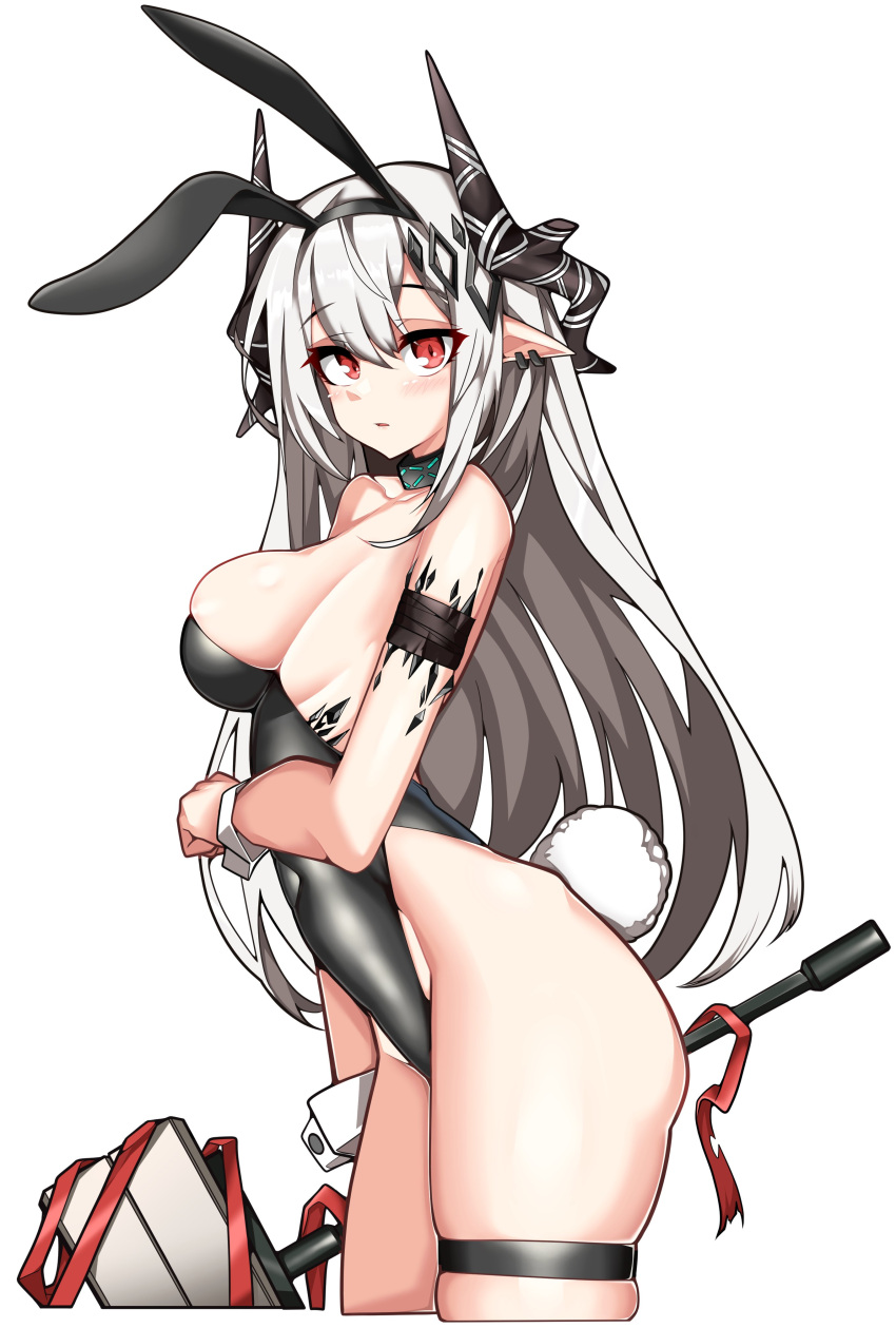 1girl absurdres animal_ears arknights bangs bare_shoulders black_hairband black_leotard breasts collar covered_navel earrings fake_animal_ears fake_tail godgamesc2 grey_hair hair_ornament hairband hammer highleg highleg_leotard highres holding holding_hammer horns infection_monitor_(arknights) jewelry large_breasts leotard long_hair looking_at_viewer mudrock_(arknights) oripathy_lesion_(arknights) parted_lips playboy_bunny pointy_ears rabbit_ears rabbit_tail red_eyes sideboob simple_background skindentation solo strapless strapless_leotard tail thigh_strap very_long_hair white_background