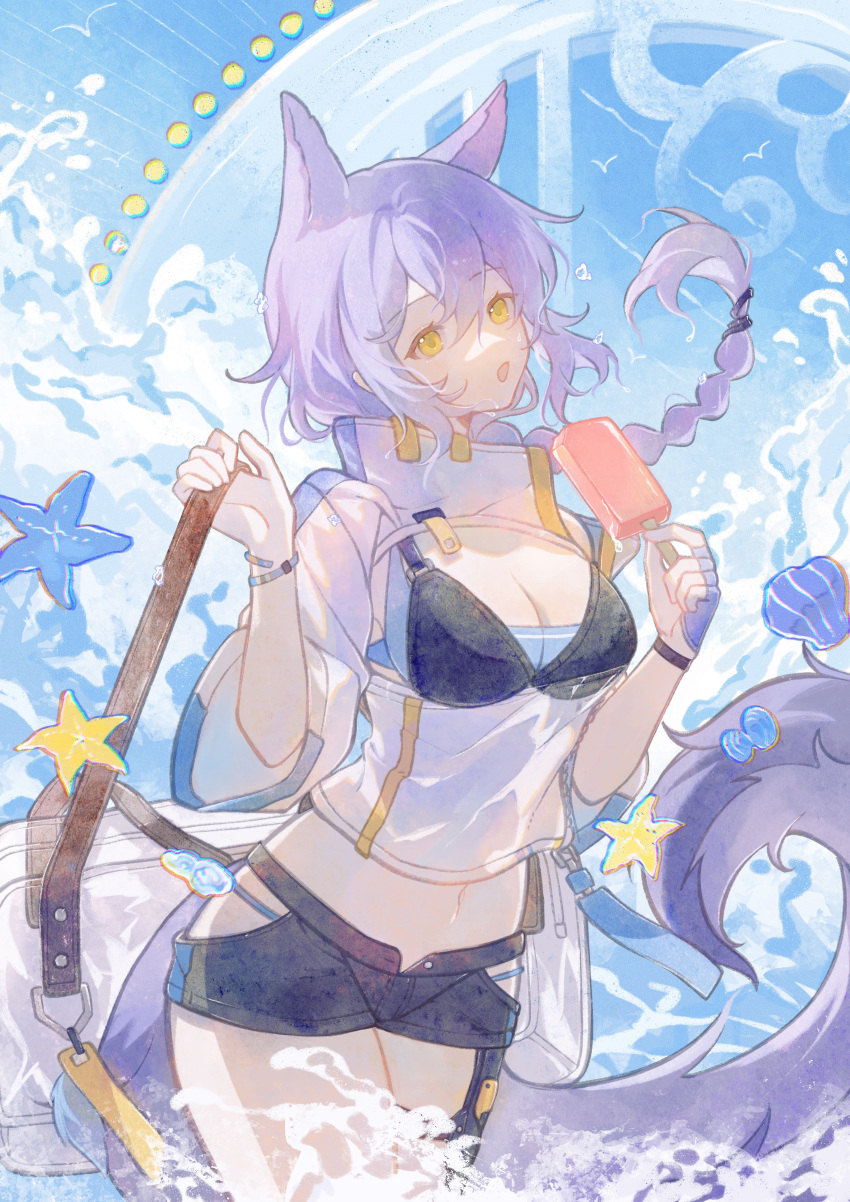 1girl absurdres animal_ears arknights bag bikini bikini_under_clothes black_bikini black_shorts blue_sky braid breasts clam_shell cleavage cleavage_cutout clothing_cutout cowboy_shot day extra_ears food hair_between_eyes hands_up highres hip_vent holding holding_bag holding_ice_cream jacket long_hair medium_breasts popsicle provence_(arknights) purple_hair shanzhamei23687 short_shorts shorts sky solo starfish swimsuit tail water white_bag white_jacket wolf_ears wolf_girl wolf_tail yellow_eyes