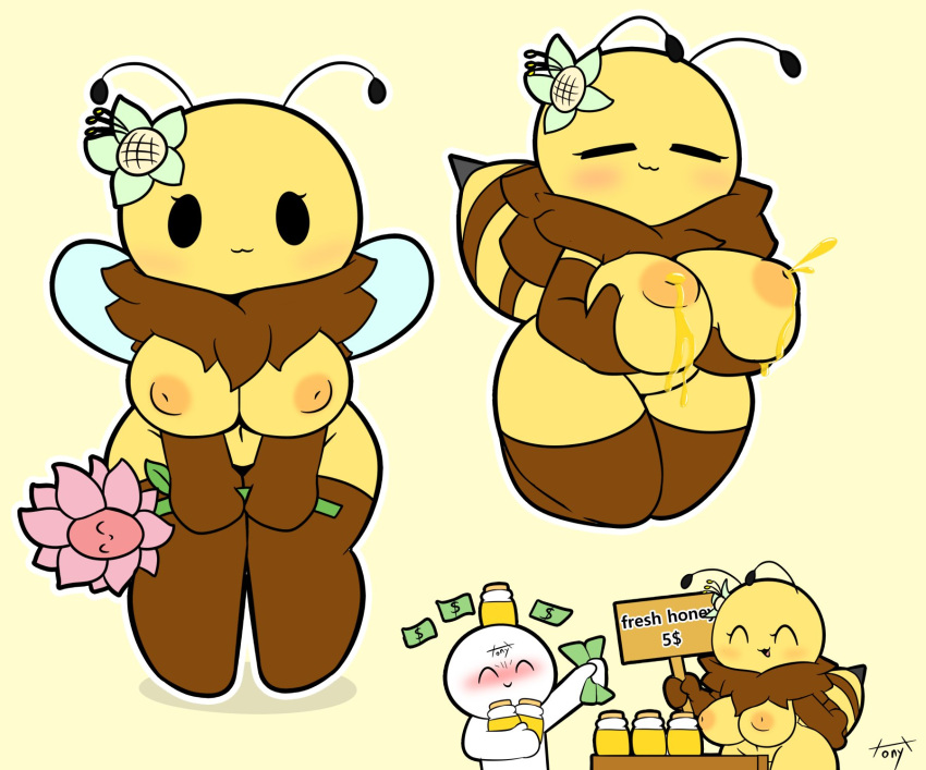 2022 :3 ambiguous_gender antennae_(anatomy) anthro areola arthropod arthropod_abdomen bee big_breasts blush bodily_fluids breast_fondling breast_play breasts brown_body brown_fur duo eyes_closed female flower flower_accessory flower_on_head fondling fur hand_on_breast hi_res holding_breast holding_object human hymenopteran insect insect_wings jar lactating lactating_honey mammal mane money nipples outline plant self_fondle sign signature simple_background simple_eyes stinger striped_abdomen stripes text tonytoran unusual_bodily_fluids white_body white_outline wings yellow_background yellow_body yellow_fur