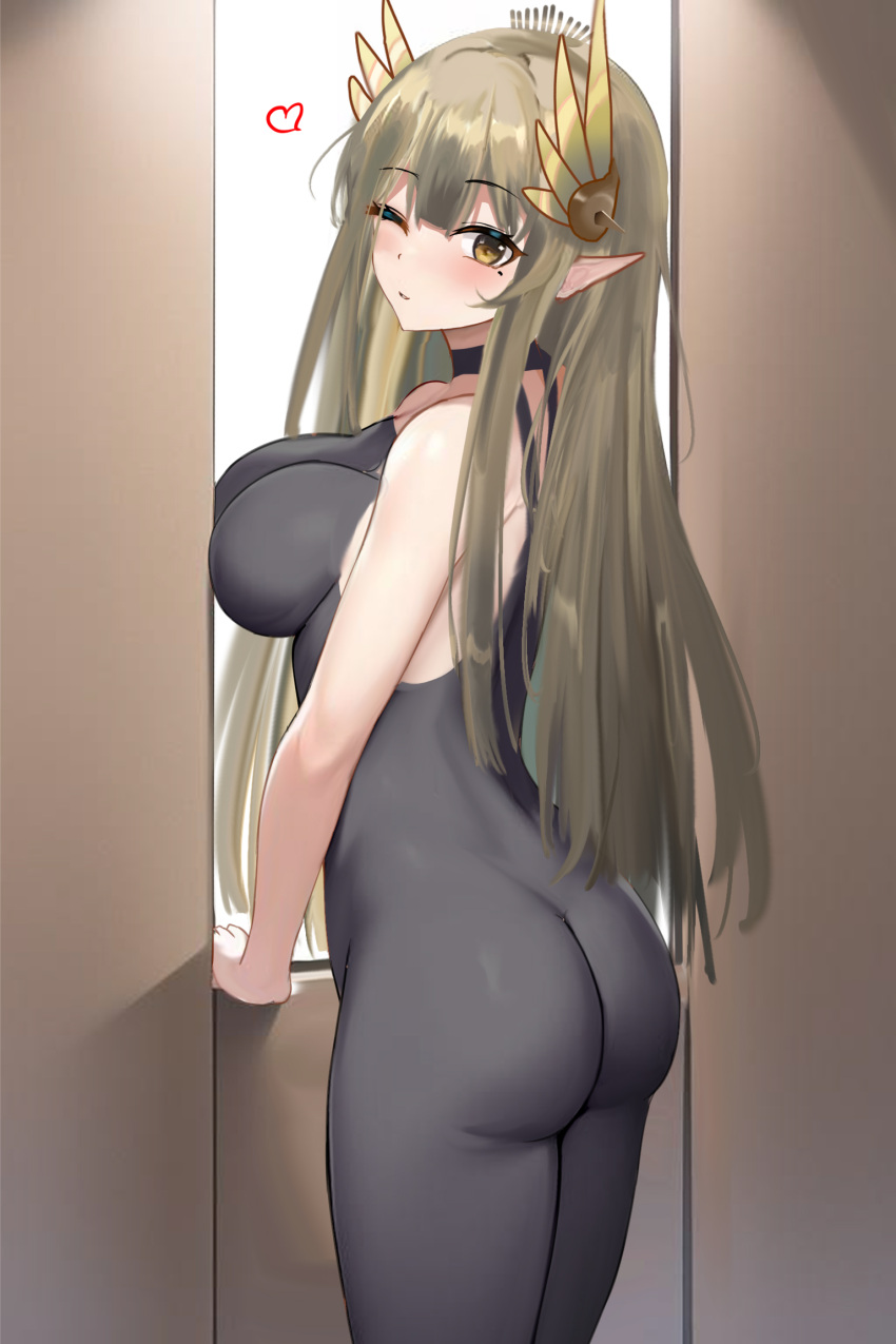 1girl ;d arknights ass bangs blunt_bangs blush bodypaint breast_press breasts brown_eyes brown_hair cowboy_shot from_behind hair_ornament heart highres large_breasts long_hair looking_at_viewer looking_back mikuning muelsyse_(arknights) naked_paint nude one_eye_closed parted_lips smile solo very_long_hair window