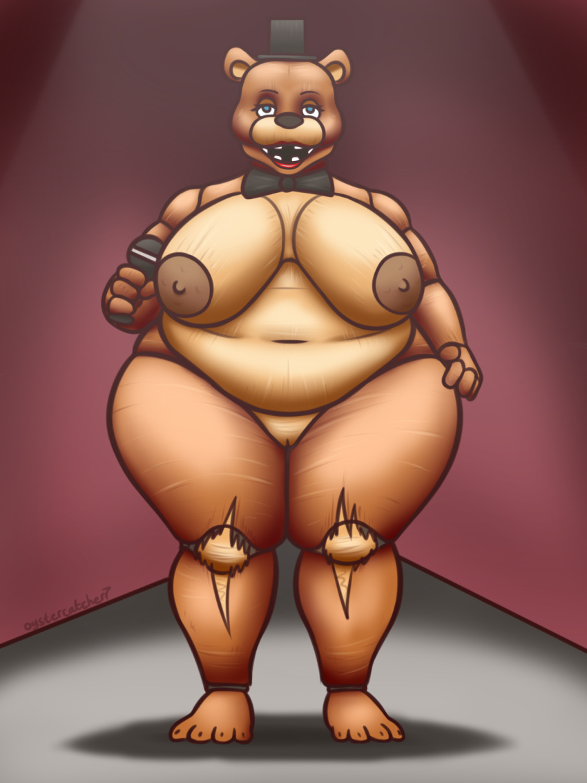 animatronic anthro belly big_breasts blue_eyes bow_tie breasts brown_body brown_fur clothing creepy crossgender female five_nights_at_freddy's freddy_(fnaf) fur hat headgear headwear hi_res lipstick machine makeup mammal microphone nipples overweight oystercatcher7 red_lipstick robot rotting scottgames solo stretch_marks thick_thighs top_hat ursid video_games
