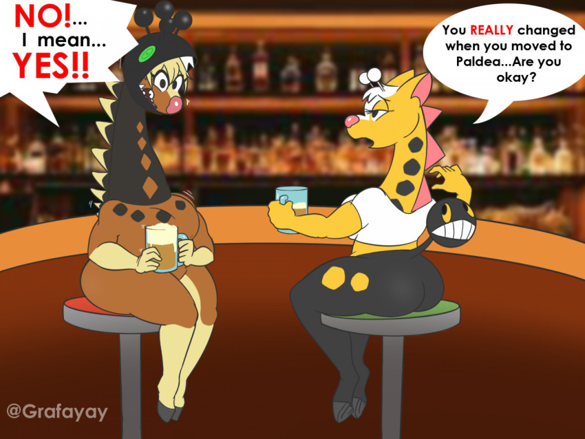 alcohol anthro beer beverage big_breasts breasts duo english_text farigiraf female generation_2_pokemon generation_9_pokemon girafarig grafayay nintendo pokemon pokemon_(species) pub speech_bubble text video_games yelling