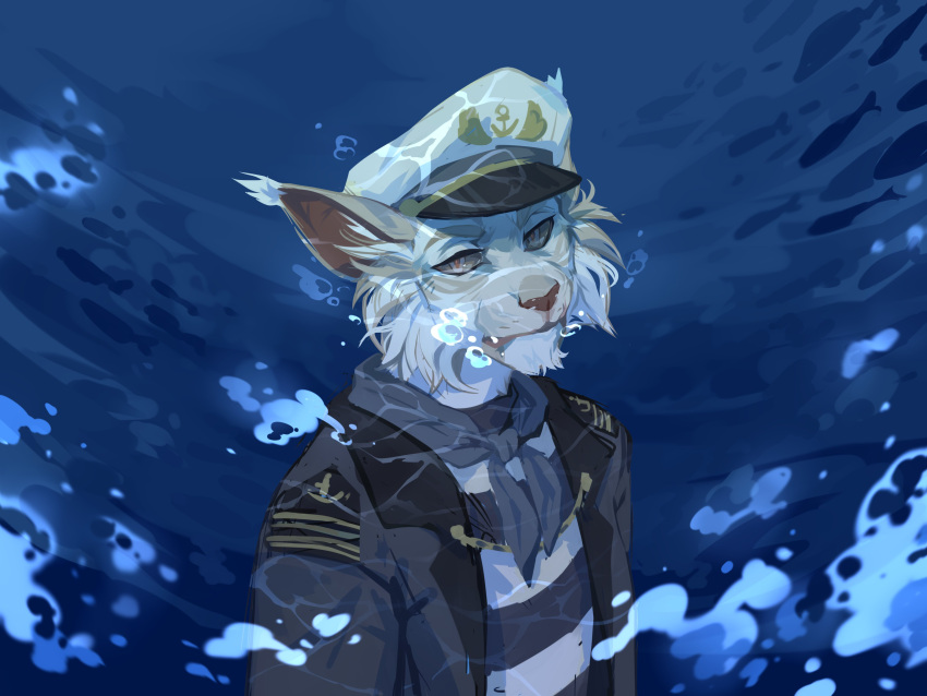 4:3 absurd_res anthro bubble bust_portrait cheek_tuft chin_tuft clothed clothing corzh77 ear_tuft facial_tuft felid feline fur grey_clothing grey_jacket grey_kerchief grey_neckerchief grey_topwear hat headgear headwear hi_res jacket kerchief looking_at_viewer lynx male mammal mouth_closed narrowed_eyes neckerchief pattern_clothing pattern_topwear portrait pupils simple_background slit_pupils solo striped_clothing striped_topwear stripes tan_body tan_fur topwear tuft underwater unsigned water white_body white_clothing white_fur white_hat white_headwear