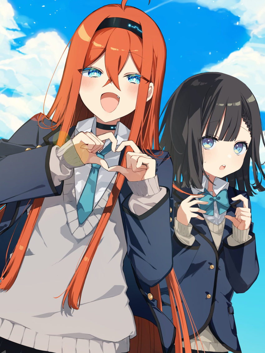 2girls :d ahoge bangs black_hair black_hairband black_skirt blazer blue_bow blue_eyes blue_jacket blue_necktie blue_sky blush bow braid braided_bangs brown_sweater cloud collared_shirt commentary_request copyright_request day fang grey_sweater hair_between_eyes hairband heart heart_hands highres jacket long_hair long_sleeves looking_at_viewer multiple_girls necktie open_clothes open_jacket orange_hair outdoors puffy_long_sleeves puffy_sleeves shirt skirt sky sleeves_past_wrists smile sofra sweat sweater very_long_hair white_shirt