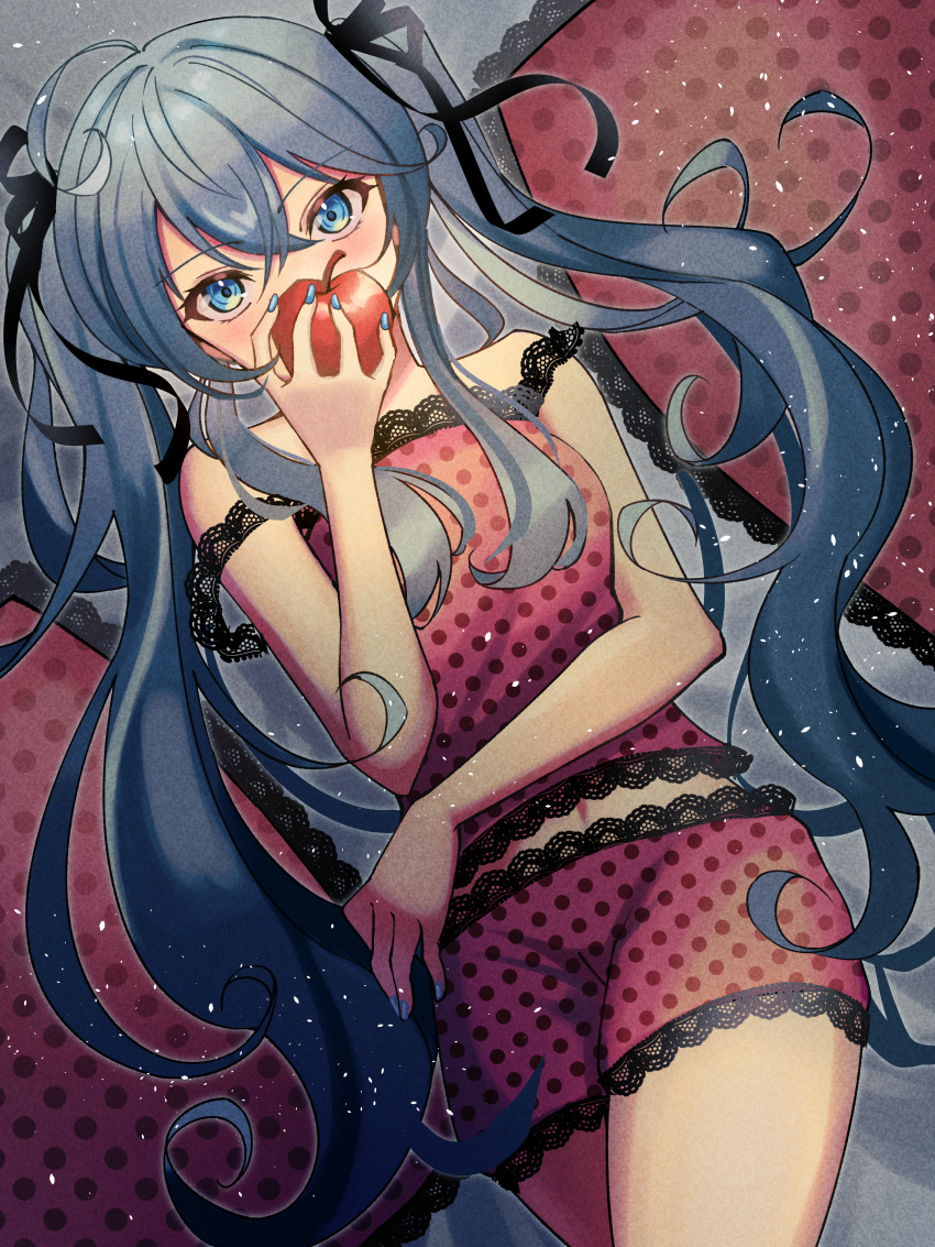 1girl absurdres apple aqua_eyes aqua_hair aqua_nails bangs bare_arms bare_legs bare_shoulders black_ribbon camisole covering_mouth crossed_legs eyelashes food fruit hair_between_eyes hair_ribbon hand_on_own_stomach hatsune_miku highres holding holding_food holding_fruit lace-trimmed_camisole lace-trimmed_shorts lace_trim looking_at_viewer lying messy_hair midriff navel on_back pillow pink_camisole polka_dot_camisole red_apple ribbon romeo_to_cinderella_(vocaloid) solo strap_slip tsumurimai twintails vocaloid