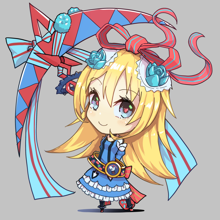 1girl blonde_hair blue_dress blue_eyes chibi commentary_request dress flower frederica_(kokubyaku_no_avesta) frilled_dress frills full_body grey_background hair_flower hair_ornament hair_ribbon heart heart-shaped_pupils highres kokubyaku_no_avesta long_hair looking_at_viewer okina_(805197) ribbon scythe shinza_bansho_series smile solo standing symbol-shaped_pupils