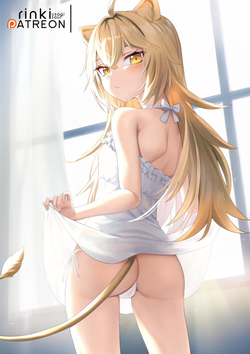 1girl :/ ahoge animal_ears ass bare_shoulders blonde_hair blush bow closed_mouth clothes_lift cowboy_shot curtains dress dress_lift frilled_dress frills halter_dress halterneck highres indie_virtual_youtuber lifted_by_self lion_girl lion_tail lo_xueming looking_at_viewer looking_back panties patreon_username rurudo_lion see-through shoulder_blades side-tie_panties sleeveless sleeveless_dress solo string_panties tail thighs underwear white_bow white_panties window yellow_eyes