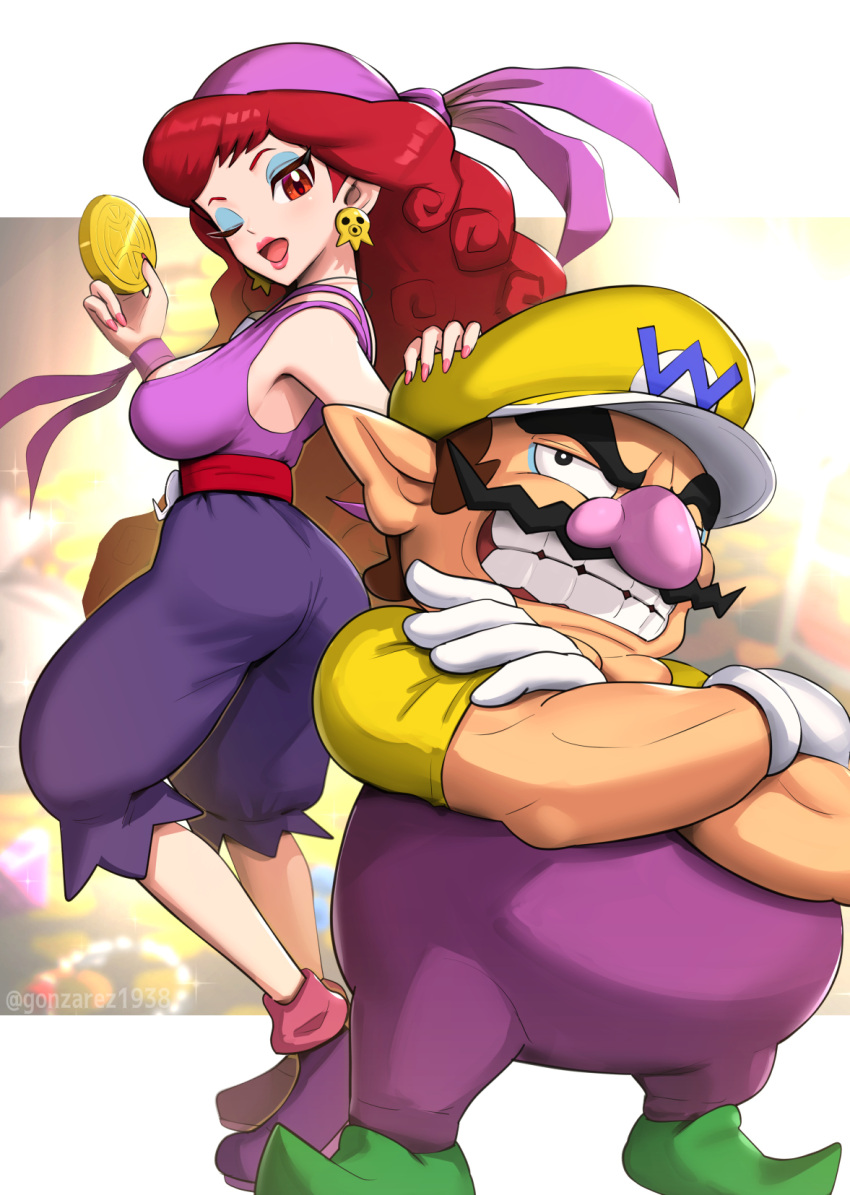 1boy 1girl back-to-back blue_eyeshadow breasts captain_syrup coin earrings eyeshadow facial_hair full_body gonzarez grin highres holding holding_coin jewelry large_breasts lips long_hair makeup mustache one_eye_closed open_mouth pink_nails pink_nose purple_bandana red_eyes red_hair smile wario wario_land wario_land_shake