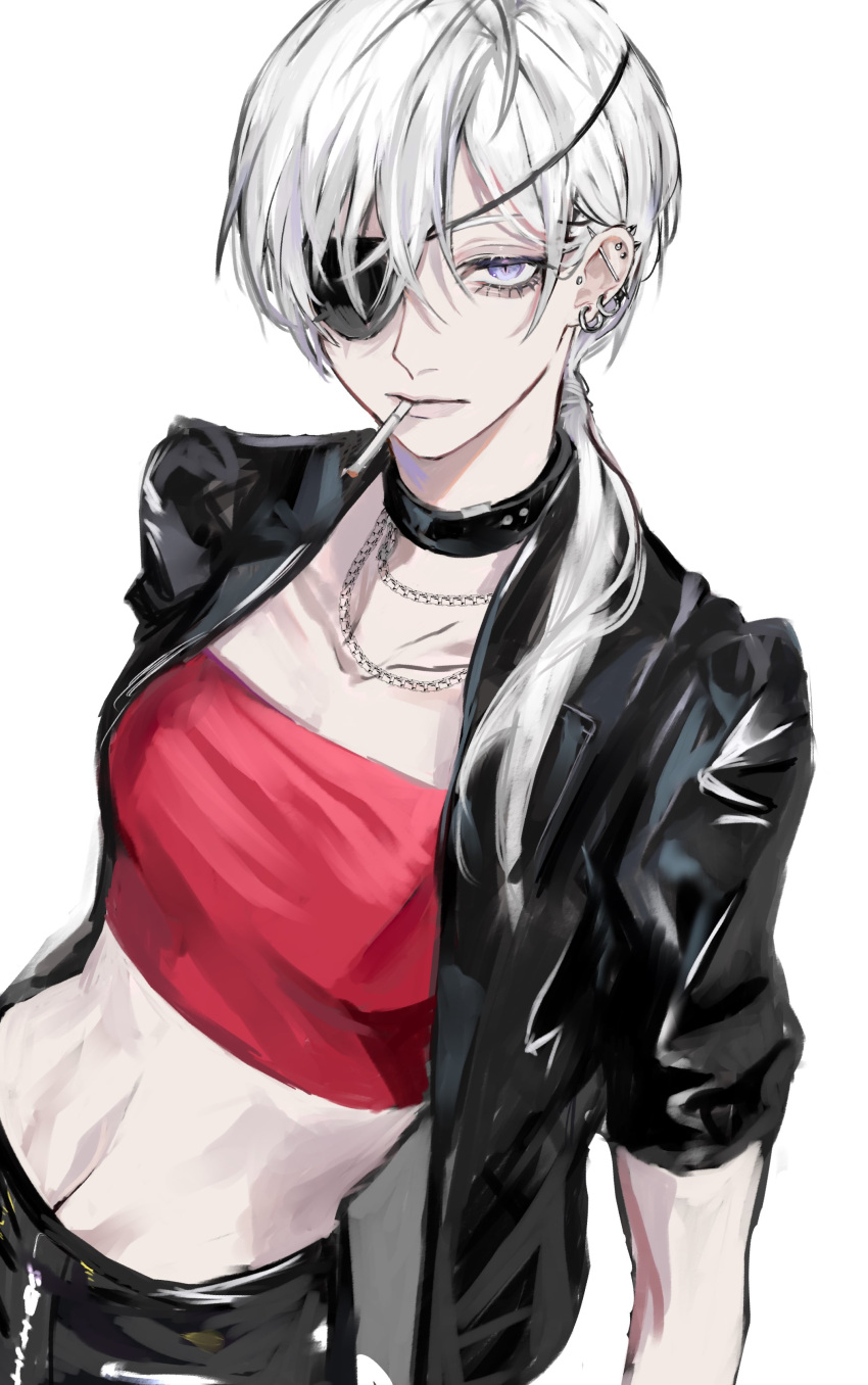 1girl absurdres ancoo_mm bangs black_collar black_jacket black_pants chain_necklace chainsaw_man cigarette collar collarbone commentary cowboy_shot crop_top ear_piercing expressionless eyepatch from_above highres jacket jewelry leather leather_jacket long_hair looking_at_viewer low_ponytail midriff navel necklace one_eye_covered open_clothes open_jacket pants piercing purple_eyes quanxi_(chainsaw_man) red_tube_top simple_background slit_pupils solo strapless swept_bangs tube_top white_background white_hair