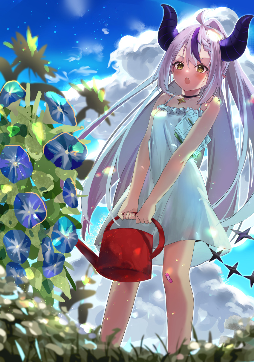 1girl :o absurdres ahoge alternate_costume alternate_hairstyle bandaid bandaid_on_knee bandaid_on_leg bare_arms bare_shoulders black_choker black_horns blue_sky blush braid braided_bangs choker demon_girl demon_horns dress fang feet_out_of_frame flower frilled_dress frills gardening grey_hair highres holding holding_watering_can hololive horns la+_darknesss long_hair multicolored_hair open_mouth outdoors purple_hair purple_horns shiro_kikurage short_dress skin_fang sky slit_pupils solo spaghetti_strap streaked_hair striped_horns sundress tail v_arms very_long_hair virtual_youtuber watering_can white_dress wide_ponytail yellow_eyes