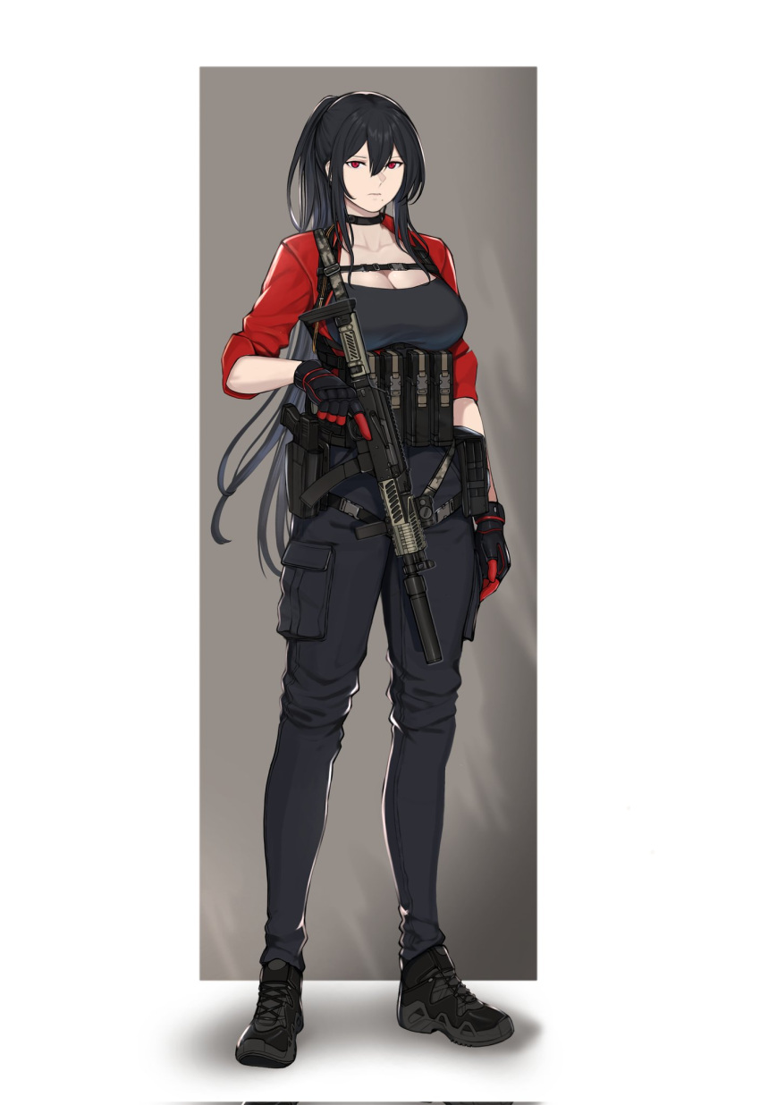 1girl ammunition_pouch assault_rifle bangs black_choker black_footwear black_gloves black_hair black_pants black_tank_top breasts chest_strap choker cleavage closed_mouth full_body gloves gun handgun highres holding holding_gun holding_weapon holster holstered_weapon large_breasts long_hair original pants pouch red_eyes red_shirt rifle seilindekos shirt sidelocks sleeves_rolled_up standing tank_top weapon white_background