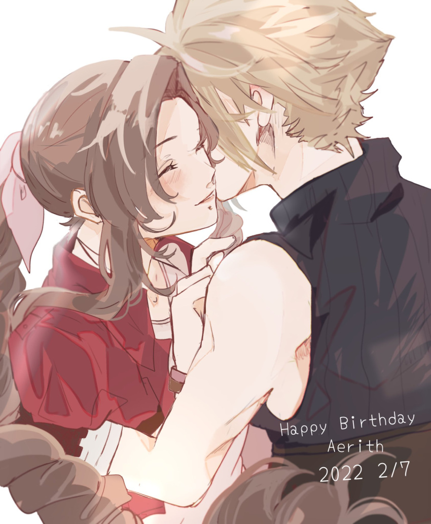 1boy 1girl aerith_gainsborough arm_around_back bandaged_arm bandages bangs blonde_hair blush braid braided_ponytail brown_hair character_name closed_eyes cloud_strife dated final_fantasy final_fantasy_vii final_fantasy_vii_remake hair_ribbon hand_on_another's_shoulder happy_birthday highres jewelry long_hair necklace nitijoy2 parted_bangs pink_ribbon ribbon short_hair sidelocks sleeveless sleeveless_turtleneck smile spiked_hair turtleneck white_background