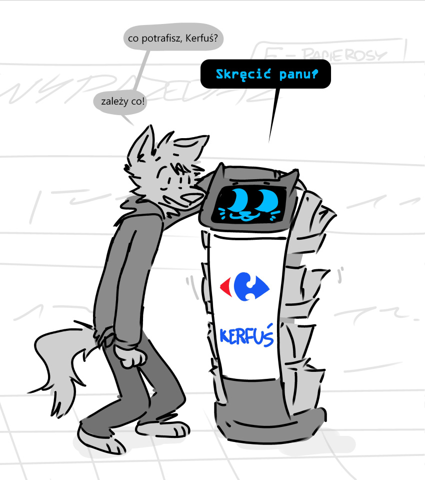 2022 absurd_res ambiguous_gender anthro bellabot canid canine canis carrefour chips_(food) dialogue domestic_cat domestic_dog duo felid feline felis food hi_res inside kerfus logo male mammal paws polish_text screen screen_face softfuzzymike speech_bubble store text translated