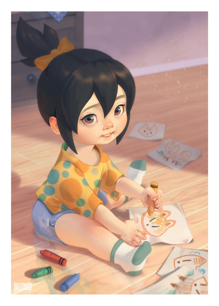 1girl black_hair blizzard_(company) blue_shorts border bow brown_eyes cabinet child_drawing commentary company_name crayon drawing english_commentary fox green_socks hair_bow hair_ribbon highres holding holding_crayon indoors kiriko_(overwatch) medium_hair multicolored_clothes multicolored_legwear official_art overwatch overwatch_2 paper parted_lips ribbon shorts sitting socks solo topknot white_border white_socks will_murai wooden_floor yellow_ribbon