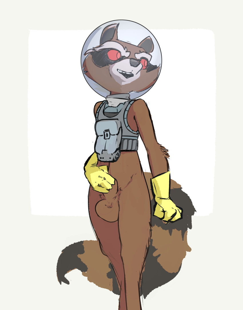 absurd_res animal_genitalia anthro balls brown_body brown_fur clothing covering covering_self fully_sheathed fur genitals gloves guardians_of_the_galaxy handwear hi_res male mammal marvel mindkog mostly_nude procyonid raccoon red_eyes rocket_raccoon sheath solo space_helmet