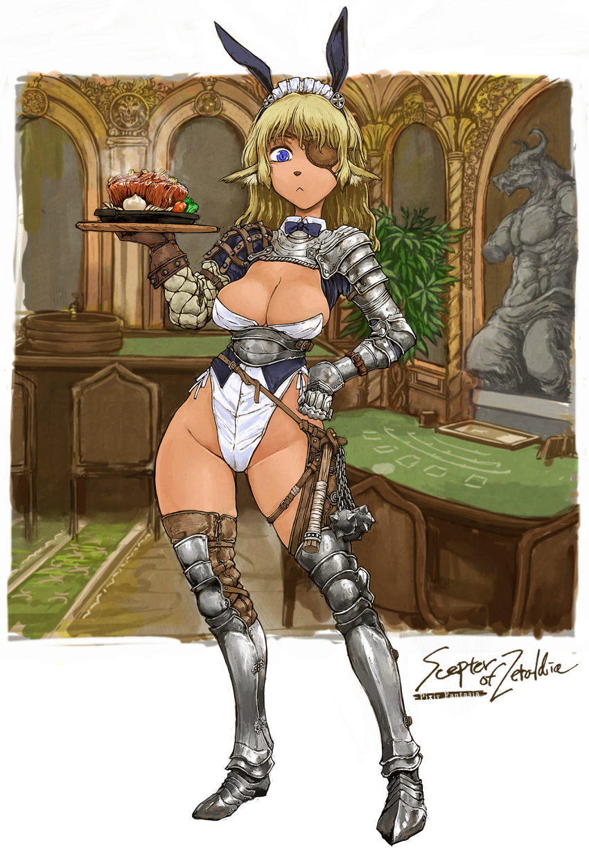 1girl animal_ears armored_boots ball_and_chain_(weapon) blonde_hair blue_eyes boots bow bowtie breasts casino cervus cleavage eyepatch fake_animal_ears flail food gauntlets gloves highres holding holding_tray leotard maid maid_headdress medium_hair minotaur pixiv_fantasia_scepter_of_zeraldia rabbit_ears roulette_table short_hair spike_ball spiked_ball_and_chain statue table tray weapon