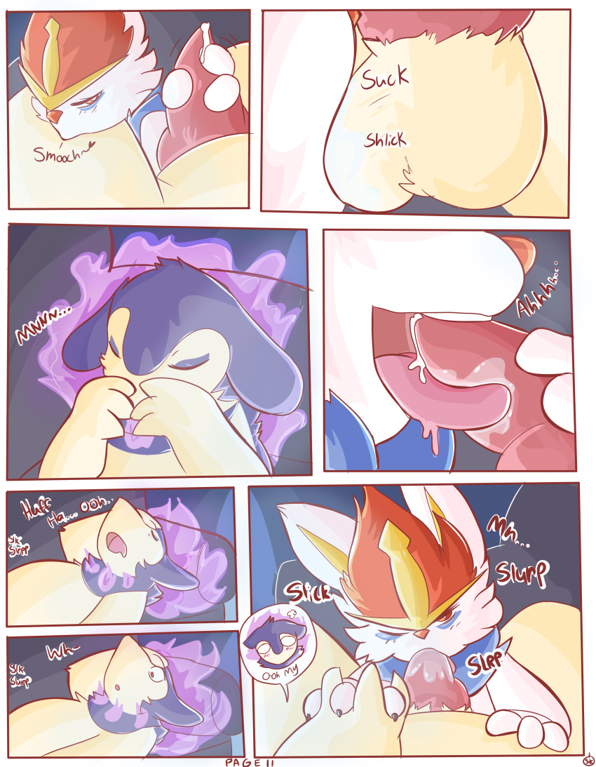 absurd_res anthro bodily_fluids cinderace comic covering covering_face cum duo fellatio fire fur furniture generation_8_pokemon genital_fluids hand_holding hand_on_face hand_on_stomach hi_res hisuian_form hisuian_typhlosion kissing licking lying male male/male nintendo on_back oral penile pokemon pokemon_(species) precum purple_body purple_fur red_body red_fur regional_form_(pokemon) saliva sex sofa spicykiwki tan_body tan_fur text tongue tongue_out video_games white_body white_fur