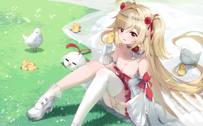 1girl :d ahoge animal animal_on_hand asahi_kuroi asymmetrical_legwear bare_shoulders bird blonde_hair brown_eyes chicken choker collarbone commentary_request day detached_sleeves dress flower garter_straps gloves grass hair_intakes high_heels highres knees_up long_hair long_sleeves looking_at_viewer multicolored_hair on_grass original outdoors red_flower red_rose rose see-through shoes short_eyebrows single_detached_sleeve single_glove single_sock single_thighhigh sitting smile socks solo strapless strapless_dress thick_eyebrows thighhighs two-tone_hair very_long_hair white_choker white_dress white_footwear white_gloves white_sleeves white_socks white_thighhighs wide_sleeves