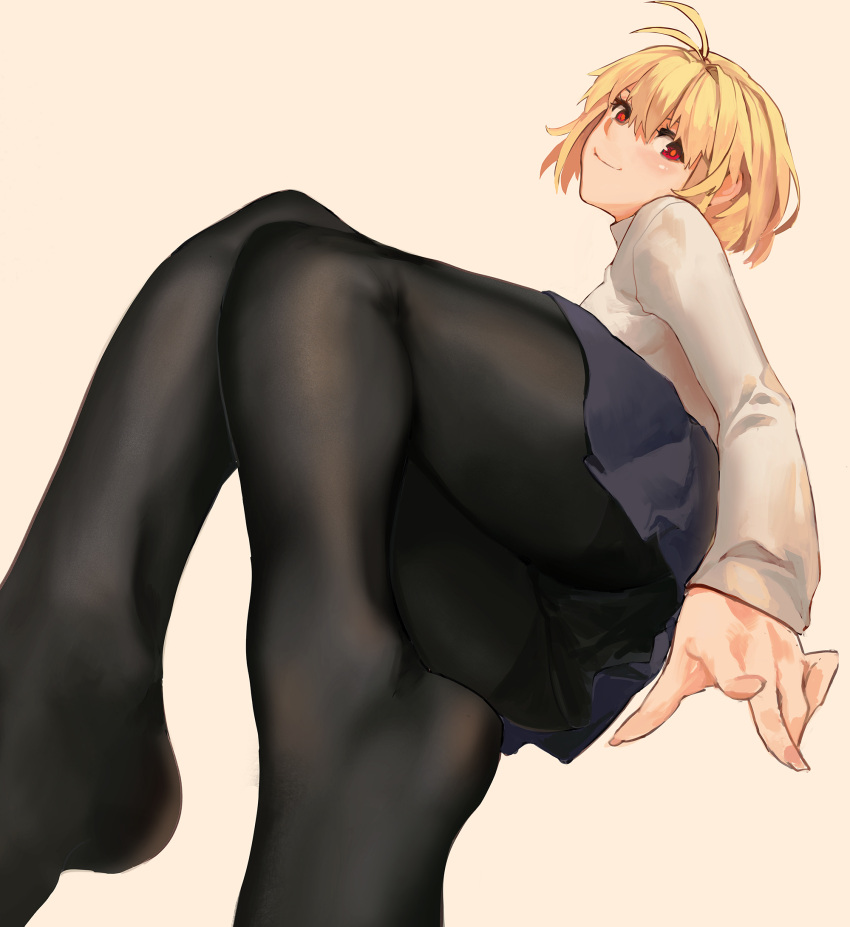 1girl arcueid_brunestud black_pantyhose blonde_hair blue_skirt breasts feet_out_of_frame hair_between_eyes hair_intakes highres laio light_blush long_sleeves looking_at_viewer melty_blood melty_blood:_type_lumina pantyhose pleated_skirt red_eyes short_hair skirt smile solo sweater tsukihime turtleneck turtleneck_sweater type-moon white_sweater yellow_background