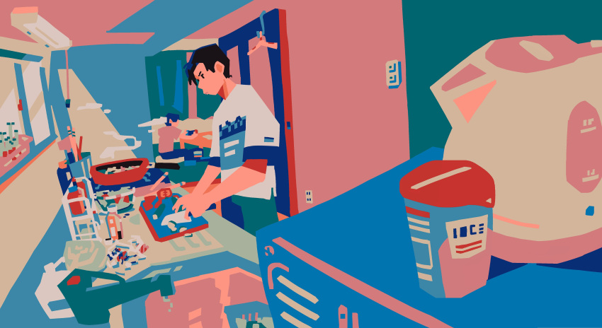 2boys absurdres black_hair ceiling ceiling_light cooking cucumber cucumber_slice cutting cutting_board door faucet flat_color from_side frying_pan handheld_game_console highres holding holding_handheld_game_console indoors kettle kitchen light_switch limited_palette male_focus multiple_boys nintendo_switch no_lineart original perspective pink_shirt ponsuke_kaikai shirt short_hair short_sleeves sink smoke_trail solo_focus standing switch t-shirt tomato tomato_slice white_shirt wide_shot window