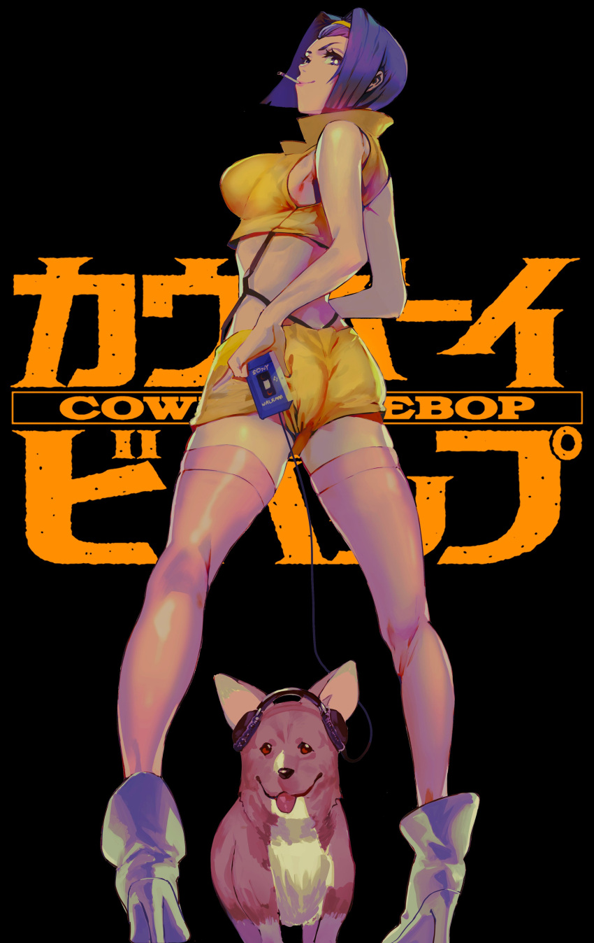 1girl absurdres ass bangs bare_arms black_background bob_cut boots breasts cigarette cowboy_bebop crop_top dog ein_(cowboy_bebop) facing_away faye_valentine full_body hairband headphones high_heel_boots high_heels highres laio large_breasts looking_at_viewer looking_back parted_bangs pink_thighhighs purple_hair shirt short_hair short_shorts shorts sleeveless sleeveless_shirt smile standing thighhighs tongue tongue_out welsh_corgi white_footwear widow's_peak yellow_hairband yellow_shirt yellow_shorts