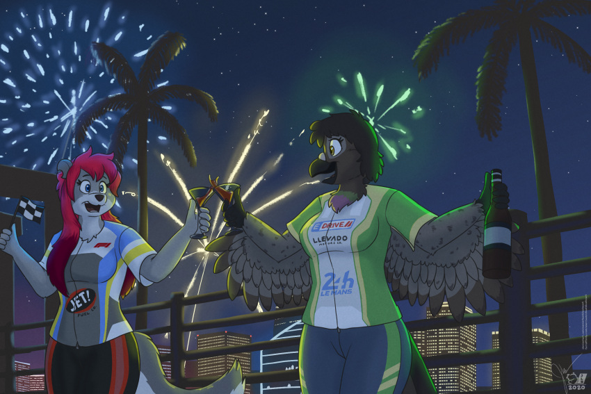 2020 alcohol anthro avian beak beverage bird black_hair blue_eyes bottle breasts checkered_flag city cityscape clothed clothing columbid container countershade_face countershade_tail countershade_torso countershading courtney_(reiver93) cup detailed_background drinking_glass duo eye_contact feathers felid female fireworks flag formula_1 fur glass glass_container glass_cup grey_body grey_feathers hair hi_res holding_bottle holding_flag holding_glass holding_object hybrid light_grey_fur lion long_hair looking_at_another mammal markings medium_breasts multicolored_body multicolored_hair night notched_ear open_beak open_mouth outside palm_tree pantherine pigeon plant railing red_hair regina_(sammfeatblueheart) sammfeatblueheart shirt short_hair signature sky spots spotted_markings star starry_sky t-shirt teeth toasting tongue topwear tree two_tone_body two_tone_hair white_body white_fur wine_glass winged_arms wings