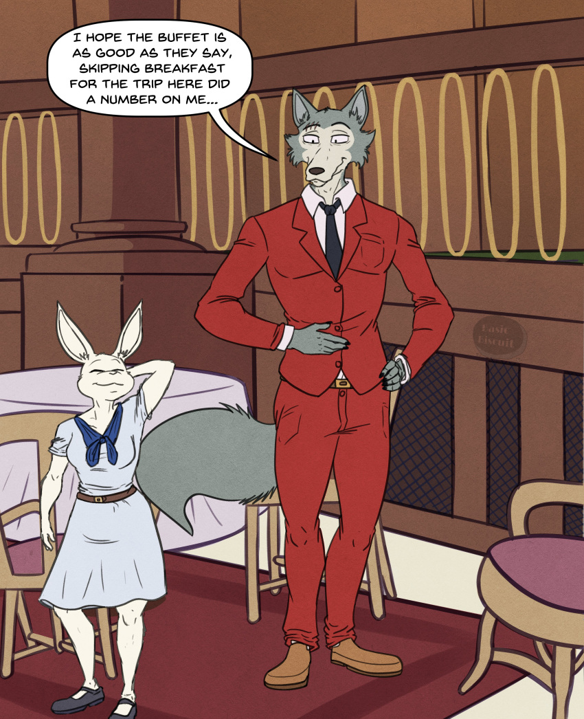 2022 absurd_res anthro basicbiscuit beastars belt bottomwear buffet canid canine canis chair claws clothing detailed_background dialogue dress dress_shirt duo eyes_closed facial_scar female footwear fur furniture grey_body grey_fur hand_behind_head hand_on_hip hand_on_stomach haru_(beastars) hi_res inside lagomorph legoshi_(beastars) leporid male mammal pants rabbit restaurant scar shirt shoes size_difference smile speech_bubble suit table tablecloth topwear undershirt watermark white_body white_fur wolf