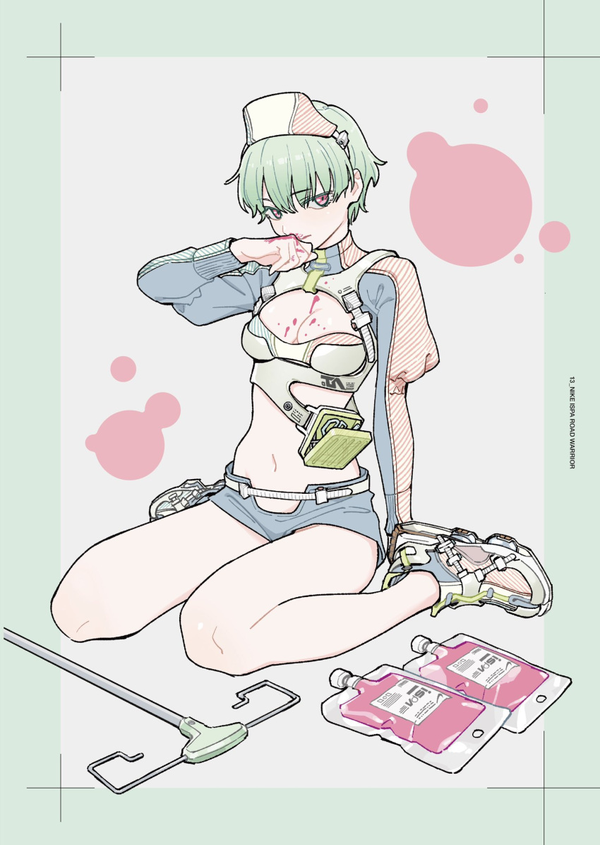 1girl bangs belt belt_pouch blood blood_on_breasts blood_on_face blood_on_hands bra breastless_clothes breasts cleavage full_body green_hair grey_background hand_up harness hat highres intravenous_drip juliet_sleeves long_sleeves looking_at_viewer navel nosebleed nurse_cap original outside_border pink_blood pink_eyes pouch puffy_sleeves red_eyes shoes short_hair short_shorts shorts sitting solo tarou2 underwear wariza wiping_blood wiping_face wiping_nose