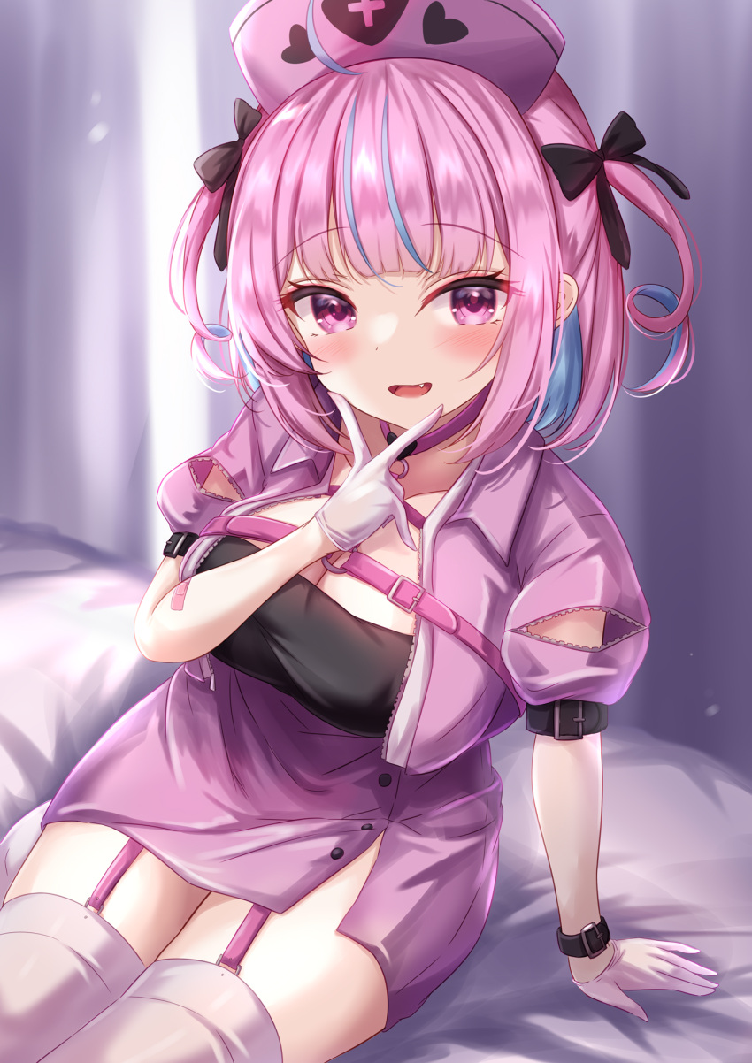 1girl ahoge arm_belt bangs black_ribbon blue_hair blush breasts cleavage colored_inner_hair fang garter_straps gloves hair_ribbon hat highres hololive jacket large_breasts looking_at_viewer minato_aqua multicolored_hair nurse_cap on_bed open_clothes open_jacket open_mouth pink_eyes pink_hair pink_jacket pink_skirt puffy_short_sleeves puffy_sleeves ribbon short_sleeves sitting skirt solo thighhighs two_side_up virtual_youtuber white_gloves white_thighhighs yuano