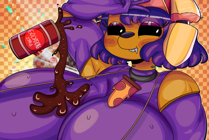 afton beverage beverage_can big_breasts big_woman bikini bikini_top black_eyes blush bonnie_(fnaf) breasts bunny_costume chubby_female clothing costume dave_miller_(fnaf) eyelashes fake_ears fake_rabbit_ears female feral five_nights_at_freddy's five_nights_at_freddy's_3 food hair hat headgear headwear hi_res human humanoid jewelry lagomorph leporid liquid machine mammal necklace pizza purple_body purple_guy_(fnaf) purple_hair rabbit robot robot_humanoid robotic scottgames screw smile soda solo spilled_drink spring_bonnie_(fnaf) suwo_director_(artist) swimwear teeth video_games wet william_afton_(fnaf)