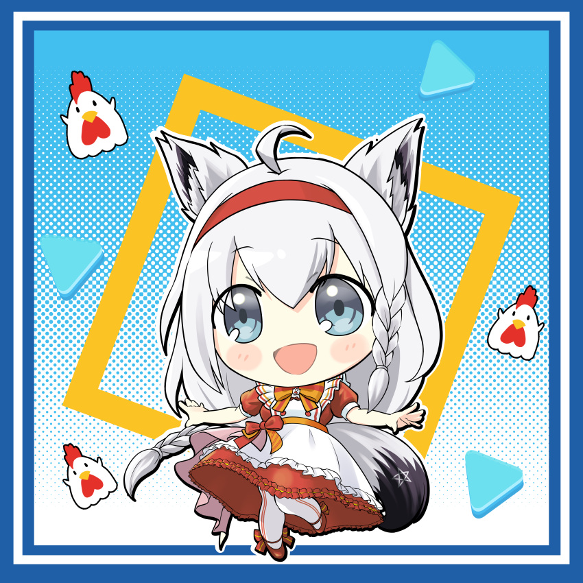 absurdres ahoge animal_ear_fluff animal_ears bangs blush border braid briareos chibi commentary_request dress fox_ears fox_girl fox_tail green_eyes hair_between_eyes hairband highres hololive kara-age_kun lawson leg_up long_hair looking_at_viewer open_mouth pentagram red_dress red_hairband shirakami_fubuki sidelocks single_braid tail white_hair