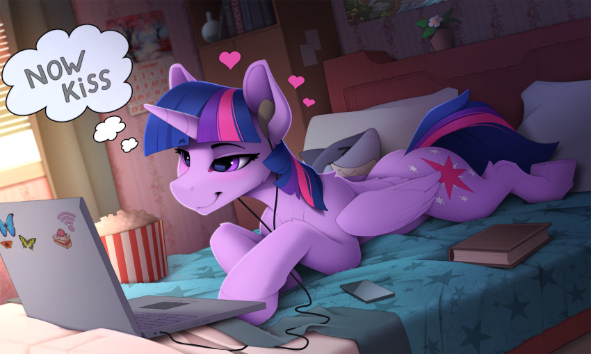 &lt;3 2022 bed book colored computer cutie_mark detailed_background earbuds english_text equid equine food friendship_is_magic furniture hair hasbro headphones hi_res horn laptop mammal my_little_pony on_bed popcorn princess_twilight_sparkle_(mlp) purple_eyes purple_hair solo text thought_bubble twilight_sparkle_(mlp) winged_unicorn wings yakovlev-vad