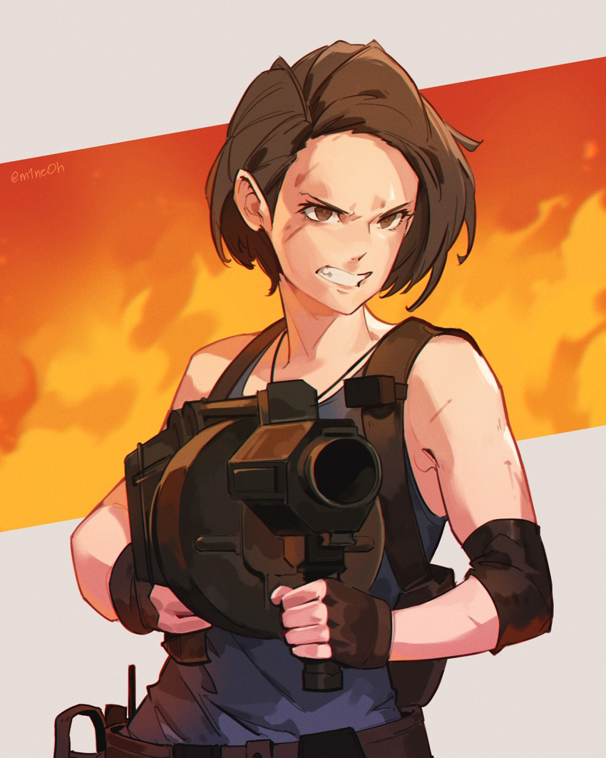 1girl bare_shoulders belt blue_shirt brown_eyes brown_gloves brown_hair clenched_teeth dirty dirty_face elbow_sleeve fiery_background fingerless_gloves fire gloves grey_background gun highres holding holding_gun holding_weapon jewelry jill_valentine jiro_(ninetysix) looking_to_the_side muscular muscular_female necklace radio resident_evil resident_evil_3 shirt short_hair sleeveless sleeveless_shirt solo tank_top teeth upper_body v-shaped_eyebrows weapon