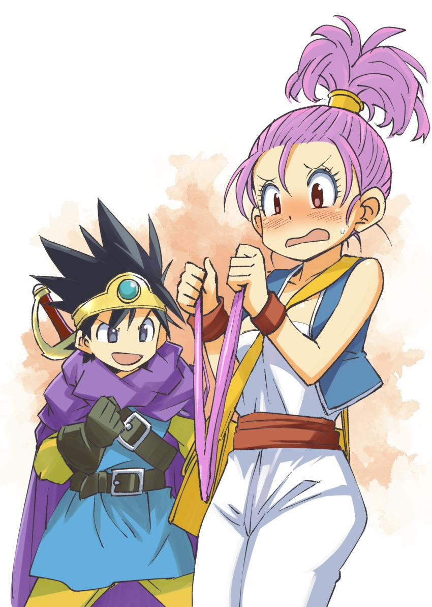 1boy 1girl black_hair blue_eyes blush breasts brown_eyes cape circlet dragon_quest dragon_quest_iii gloves highres merchant_(dq3) muramasa_mikado open_mouth purple_hair roto short_hair smile sword weapon