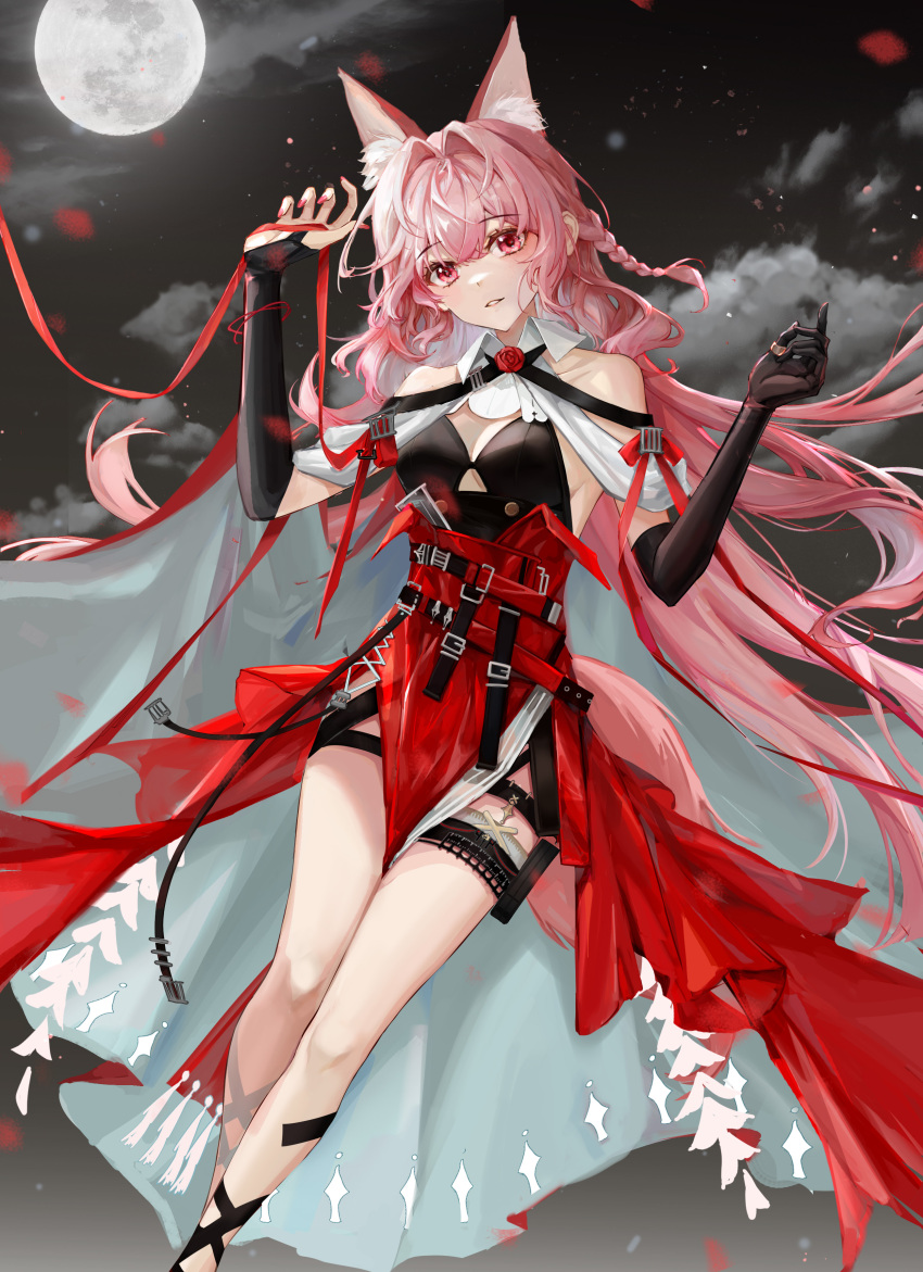 1girl absurdres animal_ears aquarzaaa arknights bangs bare_legs bare_shoulders black_gloves breasts cleavage commentary_request elbow_gloves feet_out_of_frame gloves grin hair_intakes highres long_hair looking_at_viewer medium_breasts nail_polish night night_sky outdoors parted_lips pink_eyes pink_hair pink_nails pozyomka_(arknights) red_skirt skirt sky smile solo standing thigh_strap very_long_hair wolf_ears
