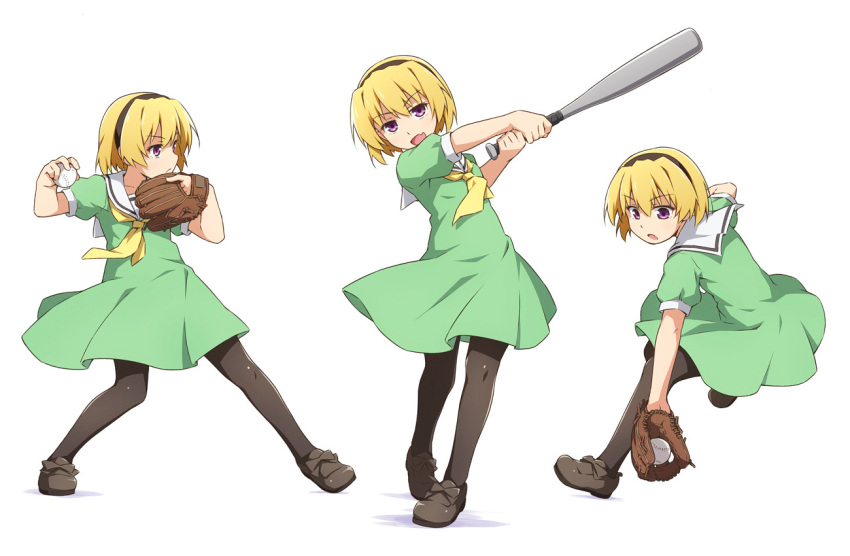 1girl :d ball bangs baseball baseball_bat baseball_mitt black_bow black_footwear black_hairband black_pantyhose blonde_hair bow commentary dress fang footwear_bow green_dress hairband higurashi_no_naku_koro_ni holding holding_ball holding_baseball_bat houjou_satoko leg_up looking_at_viewer looking_down mashita_(candy_apricot) multiple_views neckerchief open_mouth pantyhose pitching puffy_short_sleeves puffy_sleeves purple_eyes sailor_collar sailor_dress shoes short_hair short_sleeves simple_background skin_fang smile standing white_background white_sailor_collar yellow_neckerchief