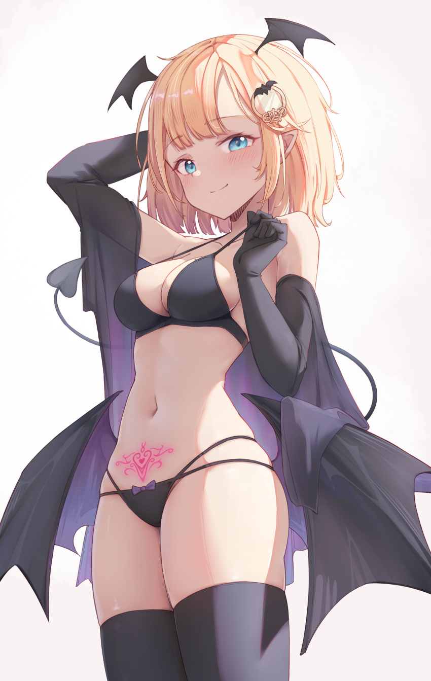 1girl absurdres arm_behind_head arm_up bangs bare_shoulders bat_hair_ornament bat_wings bikini black_bikini black_gloves black_tail black_thighhighs black_wings blonde_hair blue_eyes blush breasts cleavage closed_mouth commentary commission cowboy_shot demon_girl demon_tail demon_wings elbow_gloves english_commentary gloves hair_ornament halterneck hand_up head_wings highres holding hololive hololive_english legs_together looking_at_viewer low_wings medium_breasts monocle_hair_ornament multi-strapped_bikini navel pointy_ears pubic_tattoo see-through shironekokfp short_hair sidelocks simple_background skindentation smile solo stomach strap_gap strap_pull string_bikini swept_bangs swimsuit tail tail_raised tattoo thighhighs thighs virtual_youtuber watson_amelia white_background wings