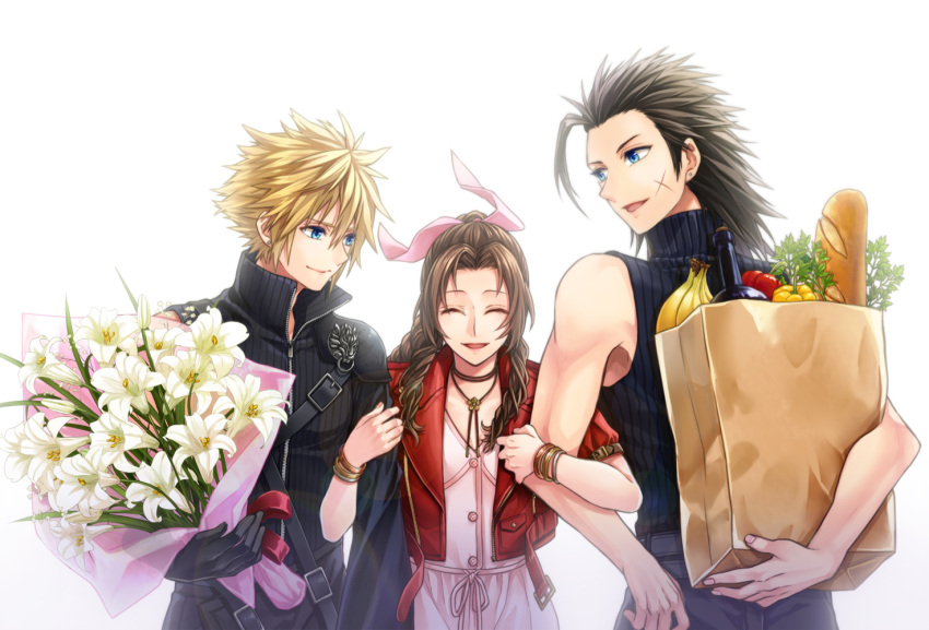 1girl 2boys aerith_gainsborough armor bag banana bangle bangs bare_arms black_gloves black_shirt blue_eyes blue_pants blue_shirt bottle bouquet bracelet braid braided_ponytail breasts chest_strap choker closed_eyes cloud_strife cropped_jacket dress earrings final_fantasy final_fantasy_vii final_fantasy_vii_advent_children final_fantasy_vii_remake flower flower_choker food fruit gloves hair_between_eyes hair_ribbon hair_slicked_back high_collar holding holding_another's_arm holding_bag holding_bouquet jacket jewelry lily_(flower) loaf_of_bread locked_arms long_hair looking_at_another medium_breasts medium_hair multiple_boys muscular muscular_male open_collar pants paper_bag parted_bangs parted_lips pink_dress pink_ribbon red_jacket ribbon scar scar_on_cheek scar_on_face shirt short_hair short_sleeves shoulder_armor sidelocks single_earring single_sleeve sleeveless sleeveless_turtleneck smile spiked_hair turtleneck twilightend upper_body vegetable white_background wine_bottle yellow_flower zack_fair